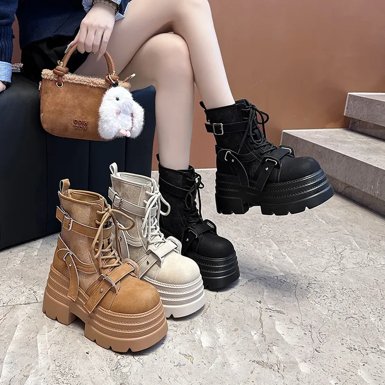 10CM厚底马丁靴女2025秋季新款小个子增高松糕工装靴拉链机车短靴