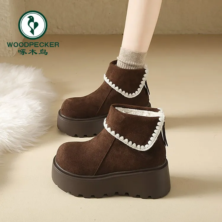 啄木鸟厚底增高小个子雪地靴女2025冬新款百搭马丁靴时尚加绒短靴