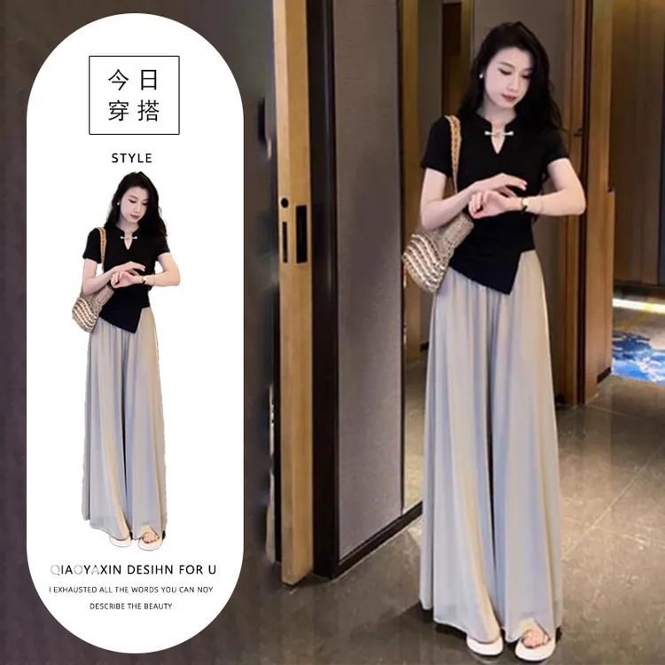 新中式时尚套装女2025夏季新款洋气显瘦盘扣T恤阔腿裤裙裤两件套