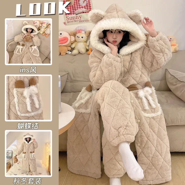 睡衣女冬季加厚加绒2025新款珊瑚绒三层夹棉睡袍法兰绒家居服套装