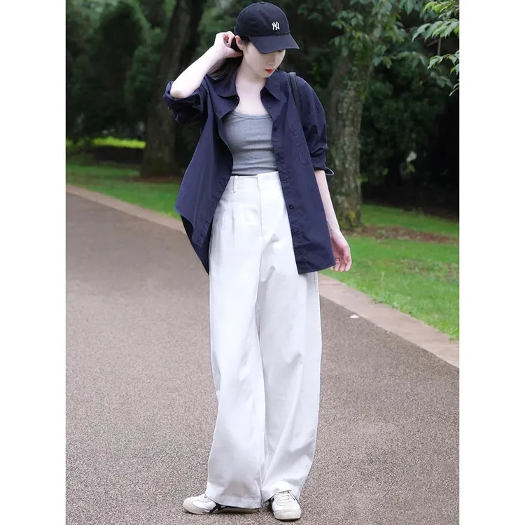 入秋一整套新款女装休闲时尚网红炸街蓝色衬衫吊带阔腿裤三件套装