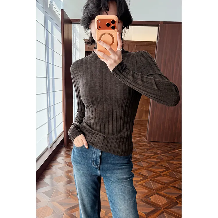 HERLAND她地【排骨】100%羊毛气质高领坑条毛衣秋冬保暖打底针织衫