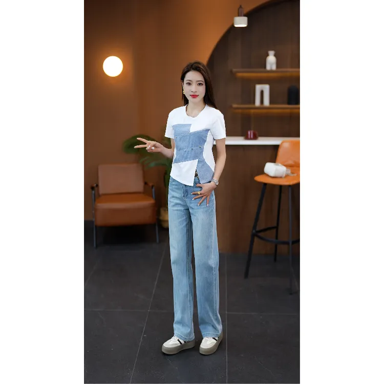 复古显瘦休闲时尚套装女士夏季新款牛仔拼接短袖上衣小个子两件套