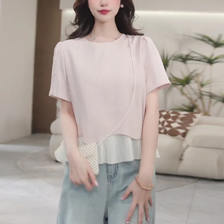 韩系温柔风拼接波浪下摆短袖T恤上衣女夏季气质简约显瘦圆领小衫