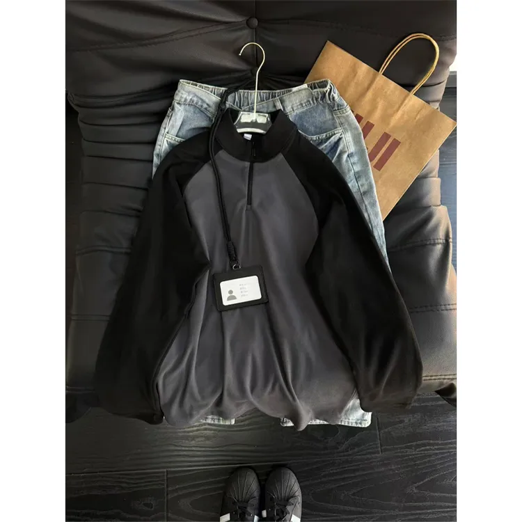 半拉链拼接德绒内搭打底衫男冬季保暖长袖T恤潮牌潮流设计感卫衣