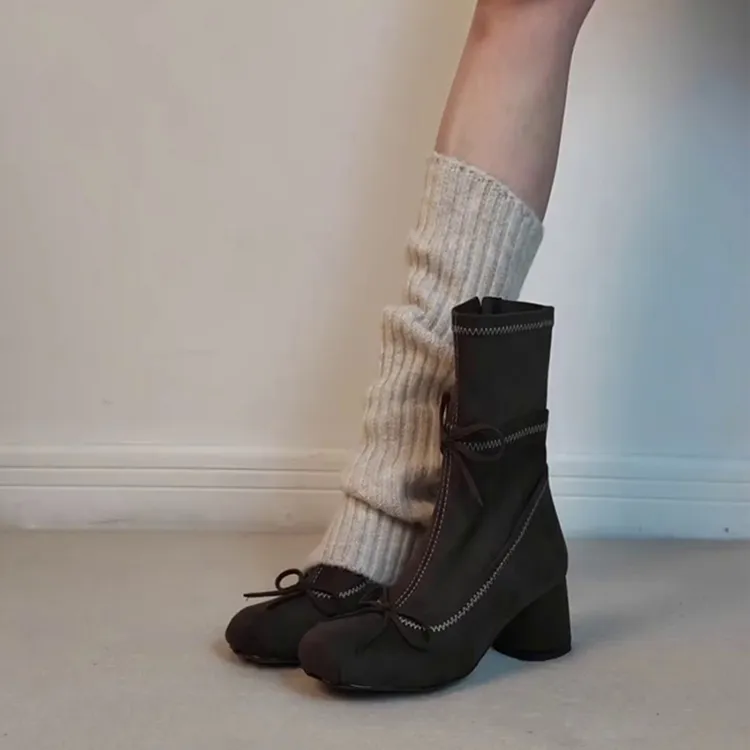法式温柔芭蕾风粗跟瘦瘦靴2025新款蝴蝶结侧拉链显瘦百搭女弹力靴