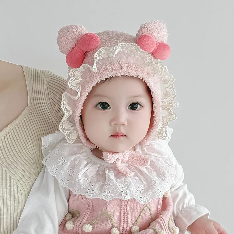 婴儿帽子秋冬季小月龄针织护耳帽毛绒公主帽防风保暖女宝宝毛线帽