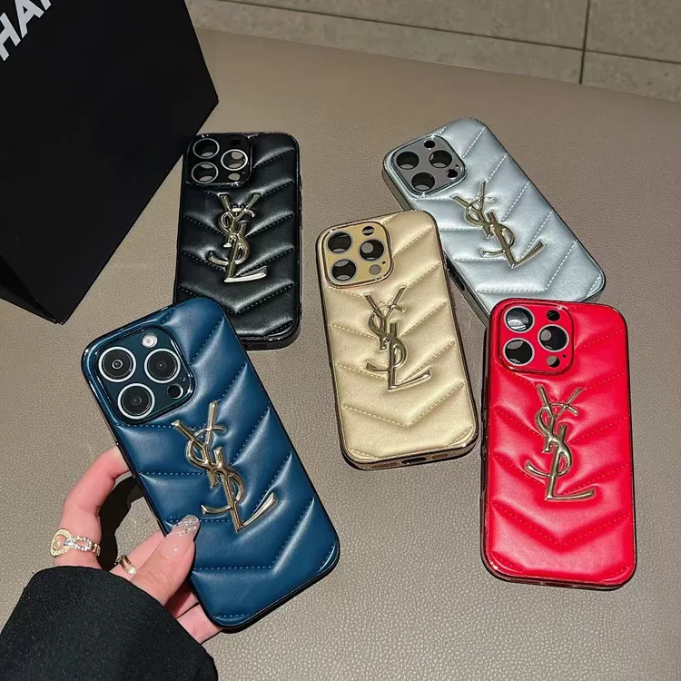 YSL适用苹果16proamx手机壳新款电镀皮质mate60华为P70全包15 pro
