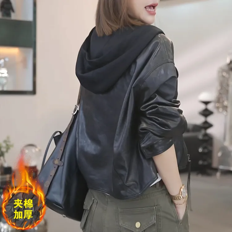【又酷又飒】欧货时尚机车服夹棉外套女2025秋冬连帽设计感皮衣夹克