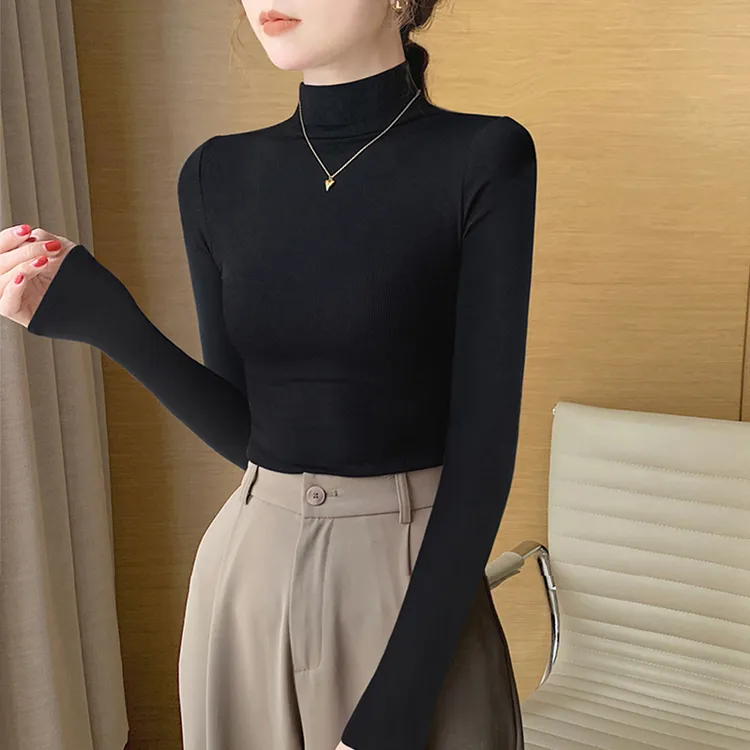 女士中领打底衫T恤秋冬新款黑色长袖上衣螺纹贴身半高领t恤秋季