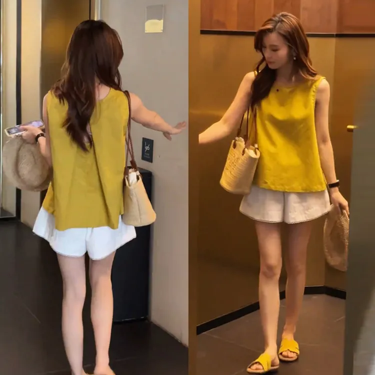 2025夏装一整套女设计感甜美气质无袖衬衫上衣松紧腰显瘦短裤套装
