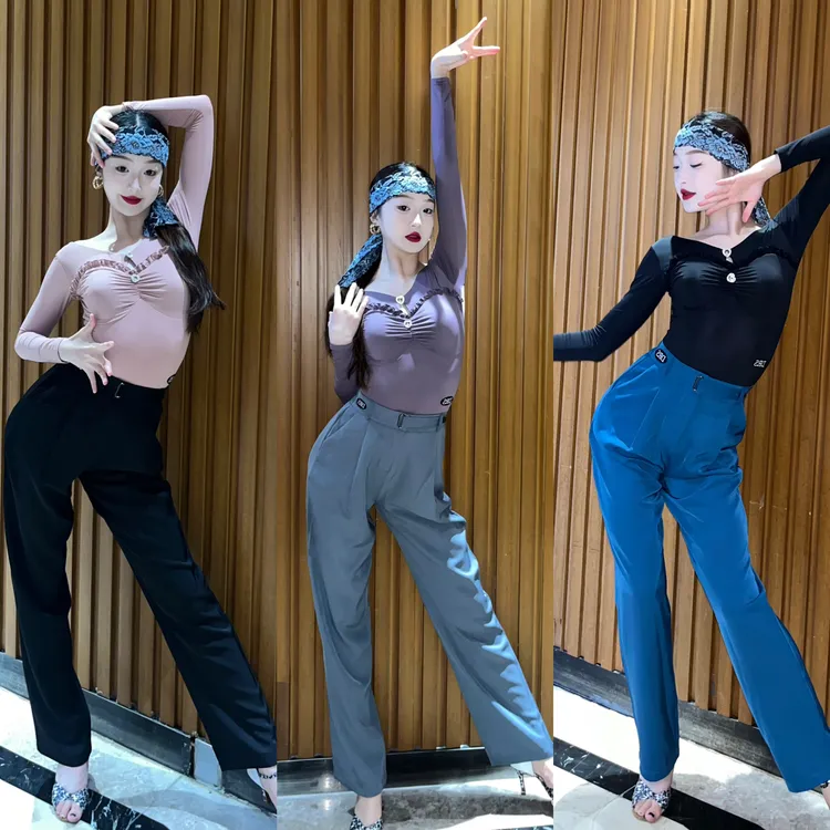 DRS新款爱心钻长袖拉丁舞上衣纽扣西裤练功服修身洋气时尚气质