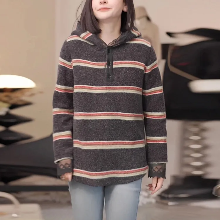 条纹连帽卫衣女士2025秋冬新款时尚洋气减龄宽松休闲内搭打底上衣