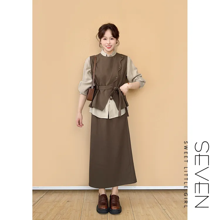 【现货】森系画板⑧七七146小个子咖色马甲套装女半身裙两件套小美说