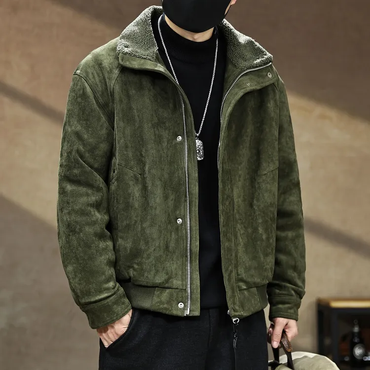 高端重磅皮毛一体加绒加厚机车立领外套男士棉衣冬季新款保暖夹克