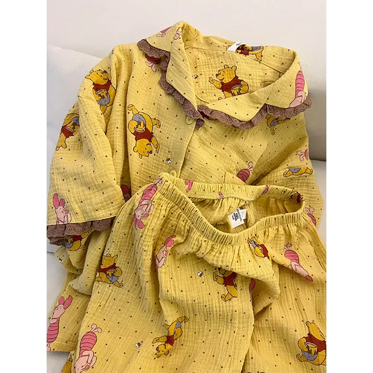 日系卡通维尼熊印花睡衣女夏季新款大码可爱开衫长裤家居服两件套