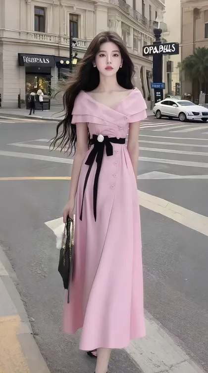 V领气质辣妹甜美小清新连衣裙小众设计感新款氛围感显瘦长裙仙女