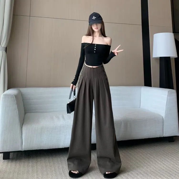 高级感法式毛呢阔腿裤女秋冬新款流行时尚高腰显瘦直筒拖地长裤子