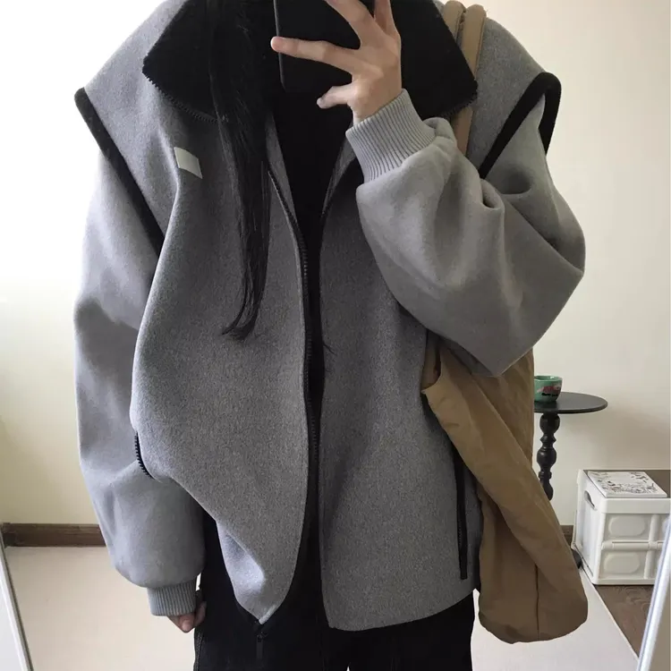 美式复古灰色拼接毛呢外套男女春秋休闲宽松百搭廓形棒球服上衣潮