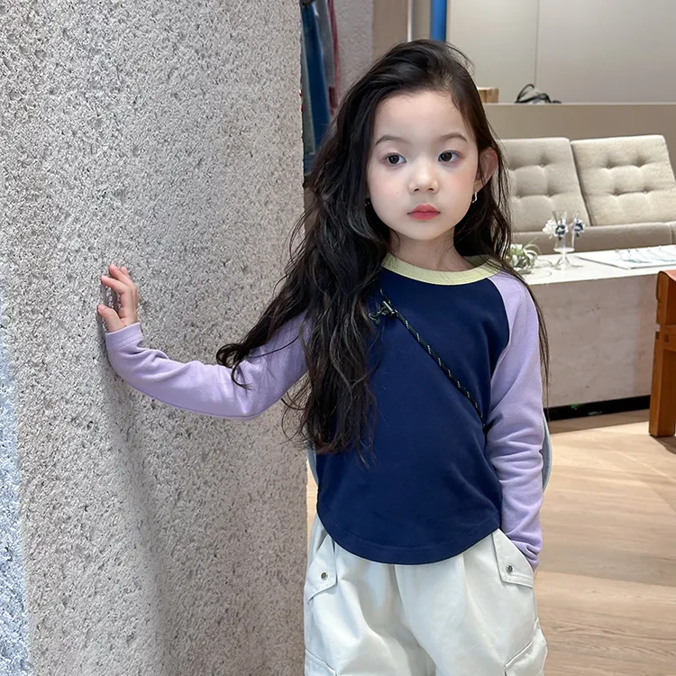 加厚的【亲子】秋冬季中大女童弹力短款辣妹插肩T恤长袖打底衫G040