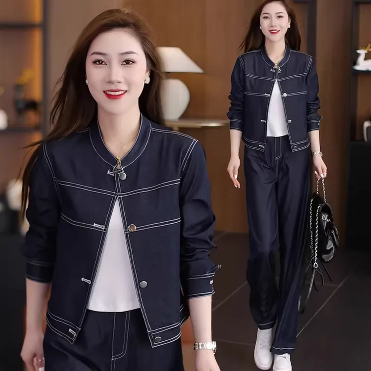 时尚牛仔套装女2025春秋新款洋气减龄时髦短款外套阔腿裤两件套潮