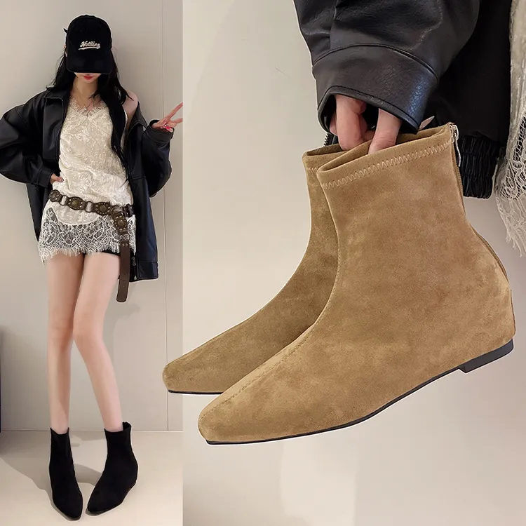 内增高短靴女2025秋季新款时尚瘦瘦靴后拉链袜靴不累脚平底马丁靴