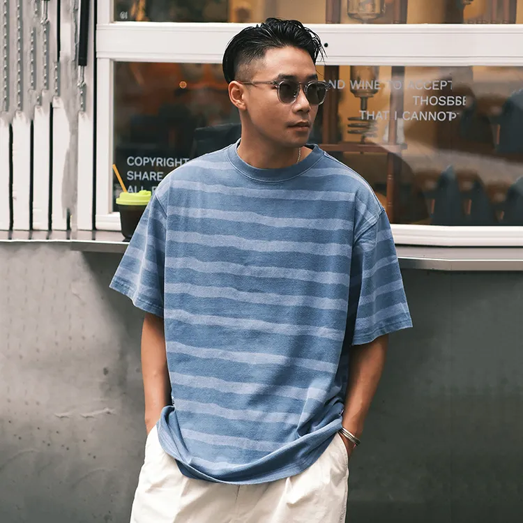 VANIDLES拔印条纹做旧圆领t恤男夏季日系复古宽松休闲纯棉短袖