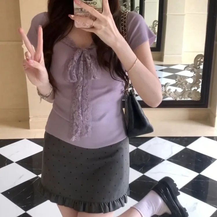 法式蝴蝶结设计感蕾丝拼接短袖T恤女夏季新款绑带v领显瘦时尚上衣