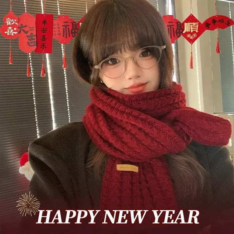 2025新款蛇年本命年红色围巾酒红色针织围脖女冬季氛围感毛线过年