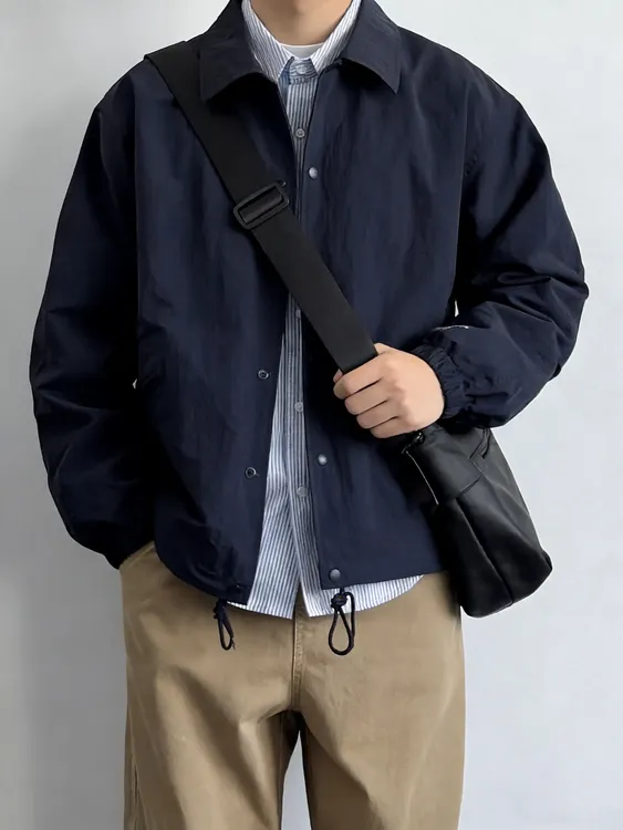 日系复古宽松休闲翻领教练夹克百搭纯色简约春秋工装外套长袖休闲