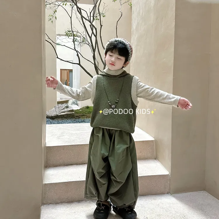 【显白东青绿连帽套头毛衣背心】韩风儿童连帽绿色毛衣背心秋冬新款
