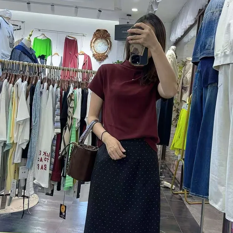 秋冬新款修身显瘦寸领简约短袖T恤打底衫女通勤百搭大众时尚潮牌