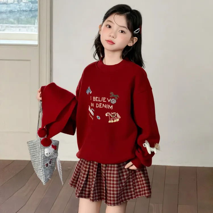 女童套装冬装新款2026马年本命年衣服儿童红色卫衣裙子拜年童装潮