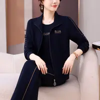 恩狐春秋新款休闲时尚套装拉链外套长袖中老年妈妈装三件套