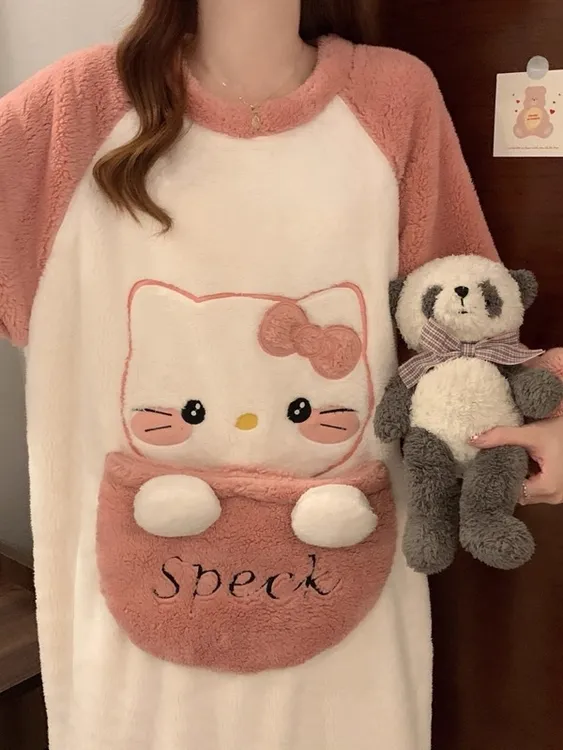 可爱睡裙女中长款秋冬季珊瑚绒加厚保暖甜美睡衣孕妇家居服法兰绒