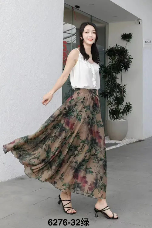 新款高级纱腰拼接遮肉显瘦大摆加里衬前系绳飘逸88厘米加长半身裙