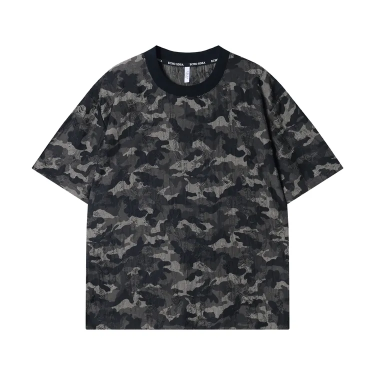 春夏新款时尚个性复古磨破迷彩嘻哈短袖T恤百搭潮流情侣套头上衣