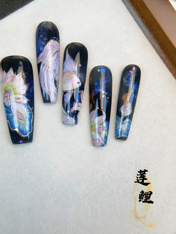 【莲鲤】 指画阁  蓝黑色系 荷叶涟鲤  纯手绘穿戴甲