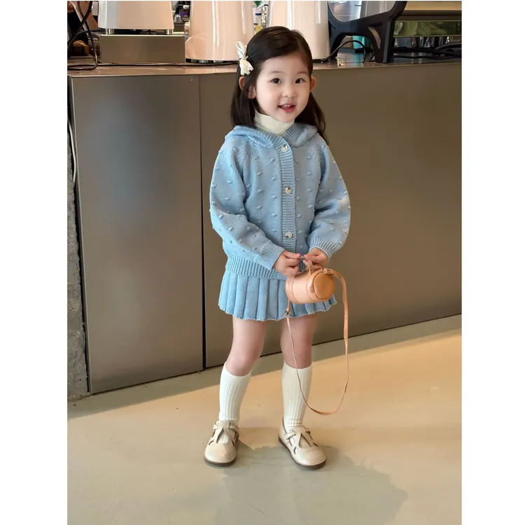 壹妈韩版童装女童秋季套装洋气儿童甜美蓝色连帽针织衫半裙两件套