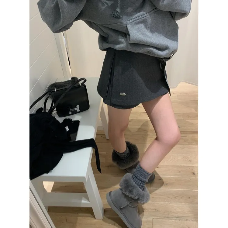 雪千羽秋冬百搭假两件毛呢侧开叉半身裙女复古休闲气质裙裤子时尚