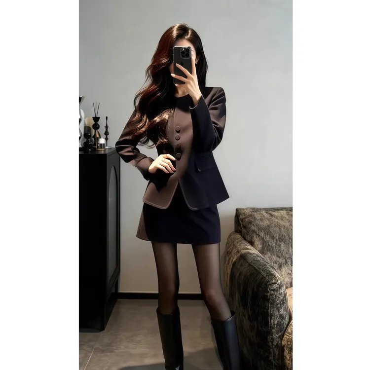 法式小香风黑色西装毛呢套装女2025新款秋冬气质外套半身裙两件套