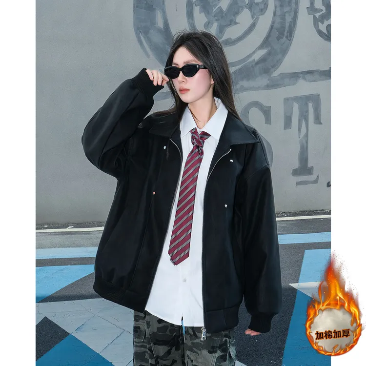 秋冬加厚翻领皮衣男女机车服潮牌防风夹克情侣宽松休闲百搭PU棉服