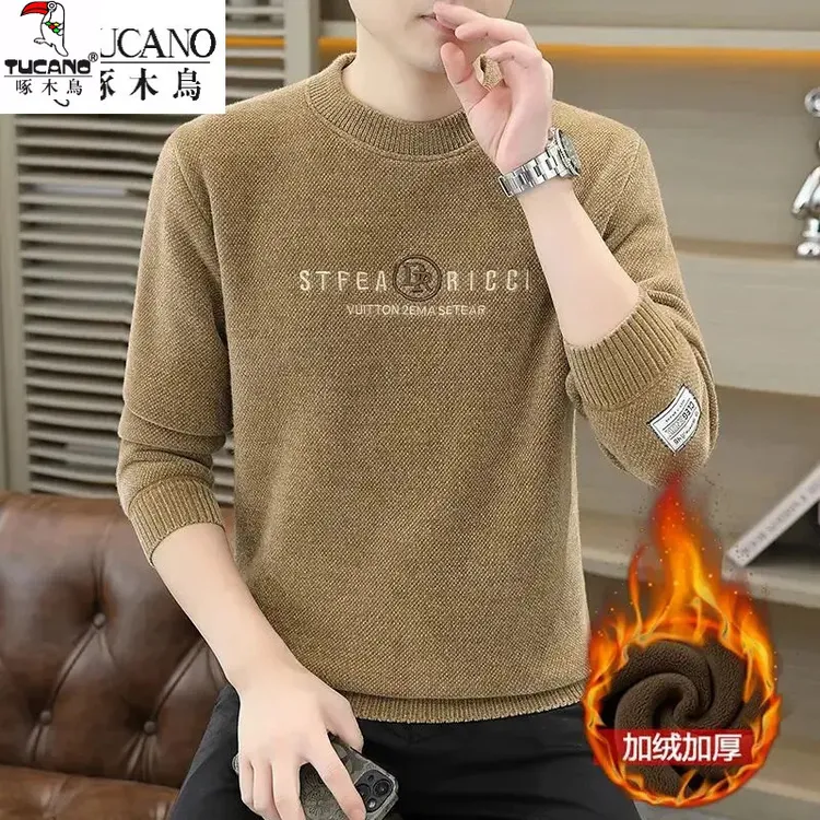 啄木鸟毛衣男气质秋冬季加厚保暖衣时尚帅气针织衫毛线加绒上衣