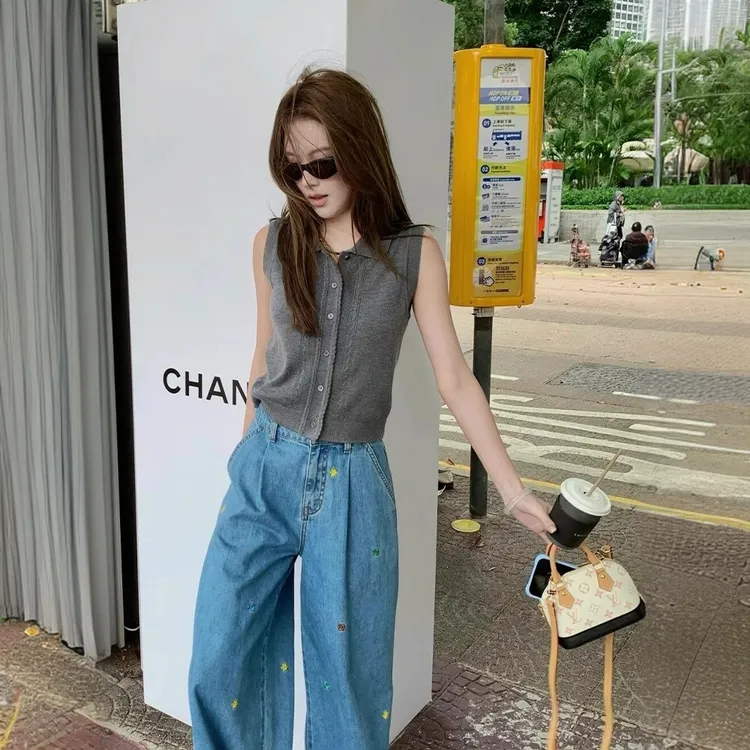 多巴胺灰色polo领针织冰丝无袖背心坎肩上衣女夏季小个子短款t恤