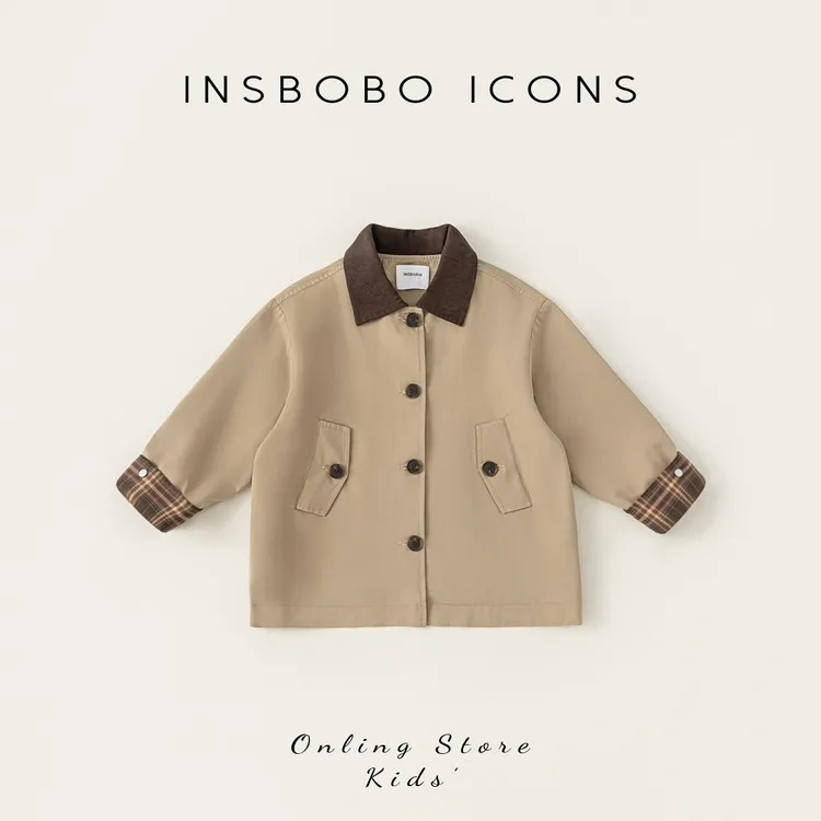 INSbobo儿童春秋款休闲宽松上衣领子袖口撞色长款风衣外套QY64075