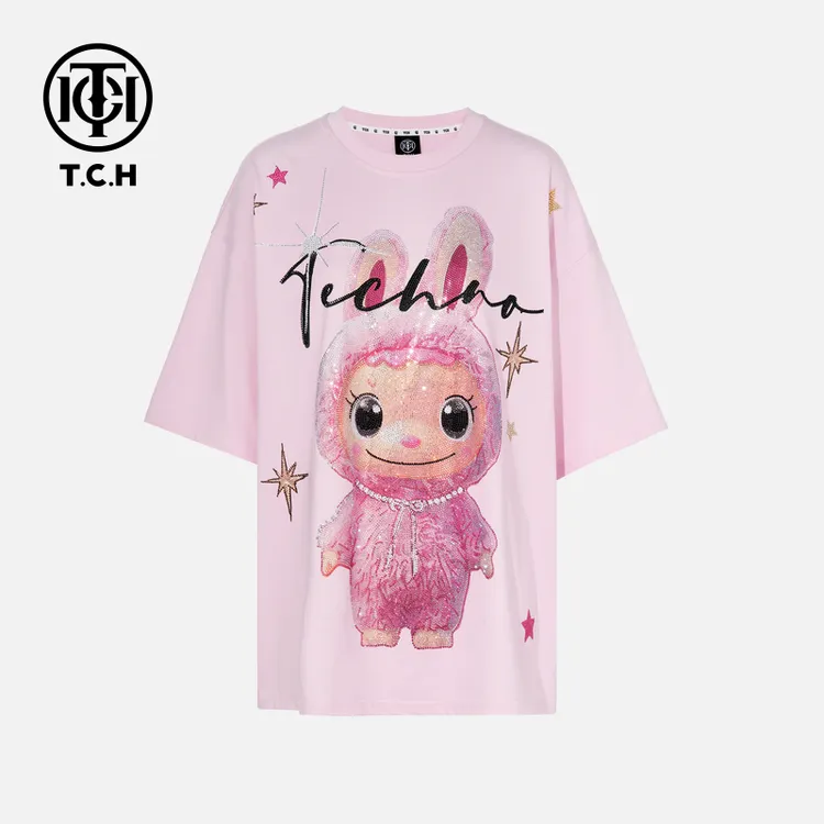 TCH轻奢卡通烫钻街头潮酷宽松圆领短袖T恤T75C10E9047私服tch