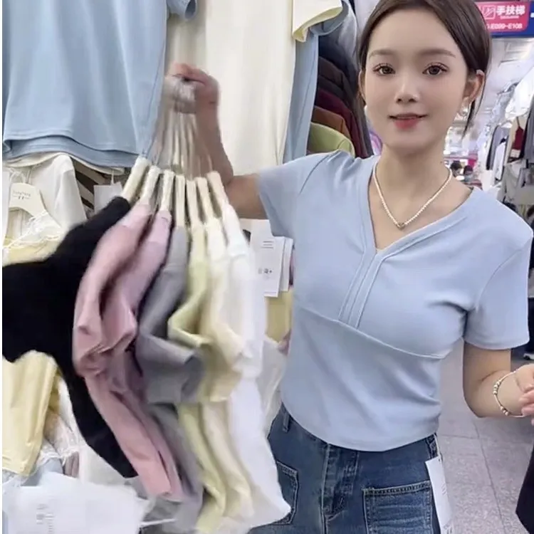 新款6813 V领假门襟纯欲v领小上衣女夏季短款打底衫内搭外穿短袖