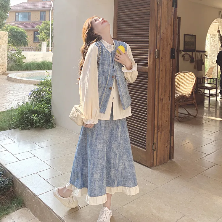 蓝色小清新牛仔提花套装裙女2025年春秋新款马甲衬衫半身裙三件套