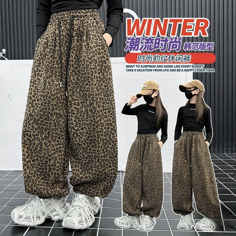 女童豹纹裤子春秋装卫裤2025新款网红炸街束脚裤嘻哈街舞休闲长裤