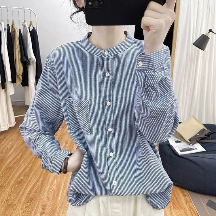 春秋设计感小立领纯棉条纹长袖衬衫女式复古宽松百搭减龄上衣新款